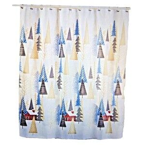 Winter Village Shower Curtain Trees Red Cabins Snow Polyester Bath Decor NEW